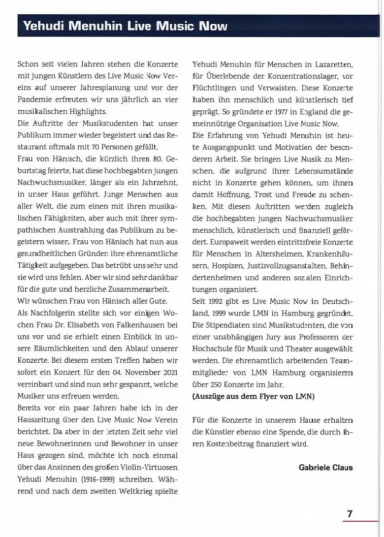 Presseartikel: Yehudi Menuhin Live Music Now, Graf Luckner Haus